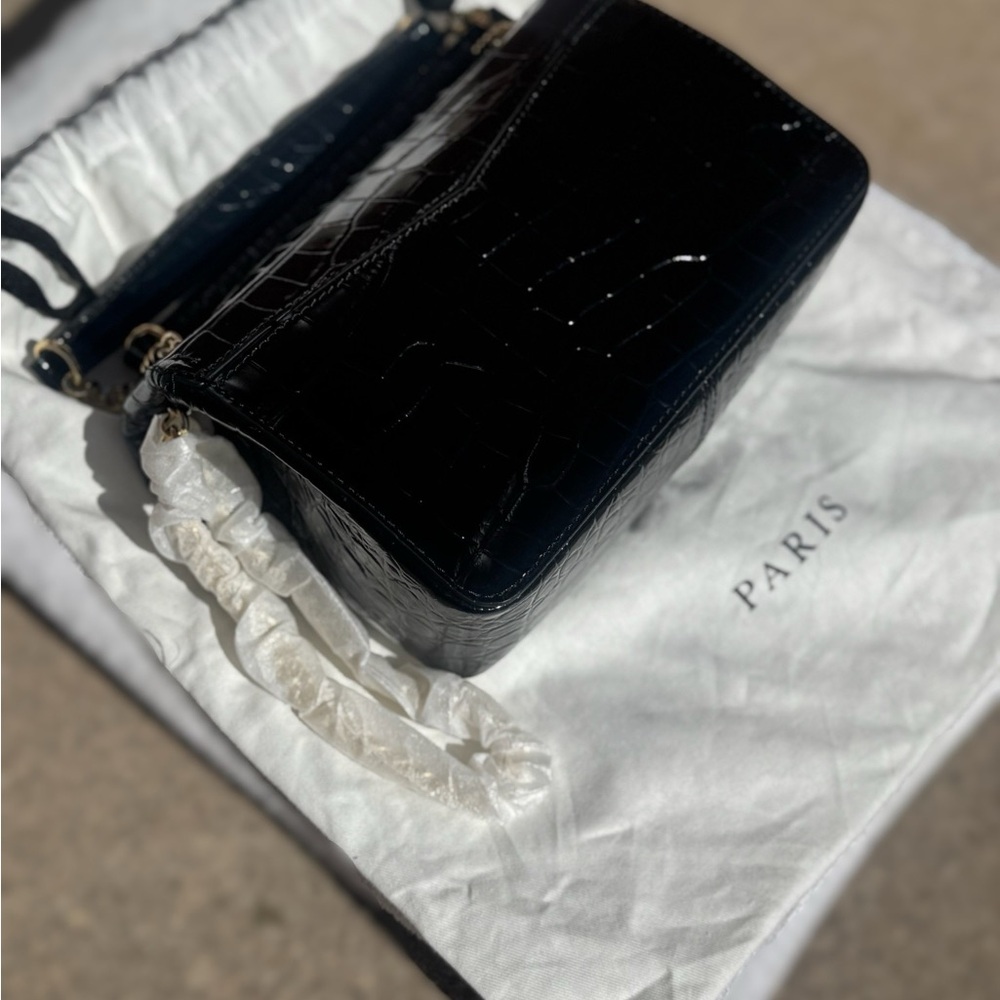 Sandro Black Croc-Embossed Patent Leather Crossbody Bag with Gold Ring Clasp - Picture 12 of 16